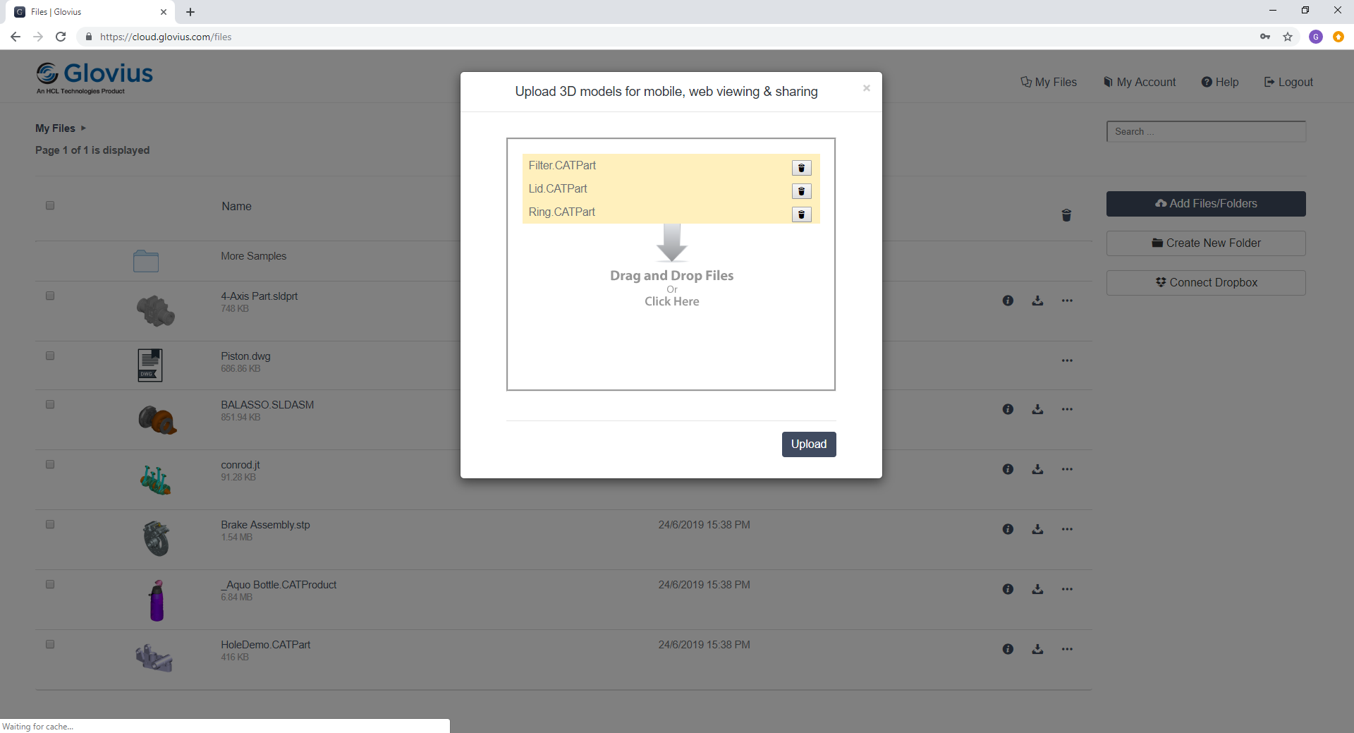 Upload CAD part on Glovius Cloud