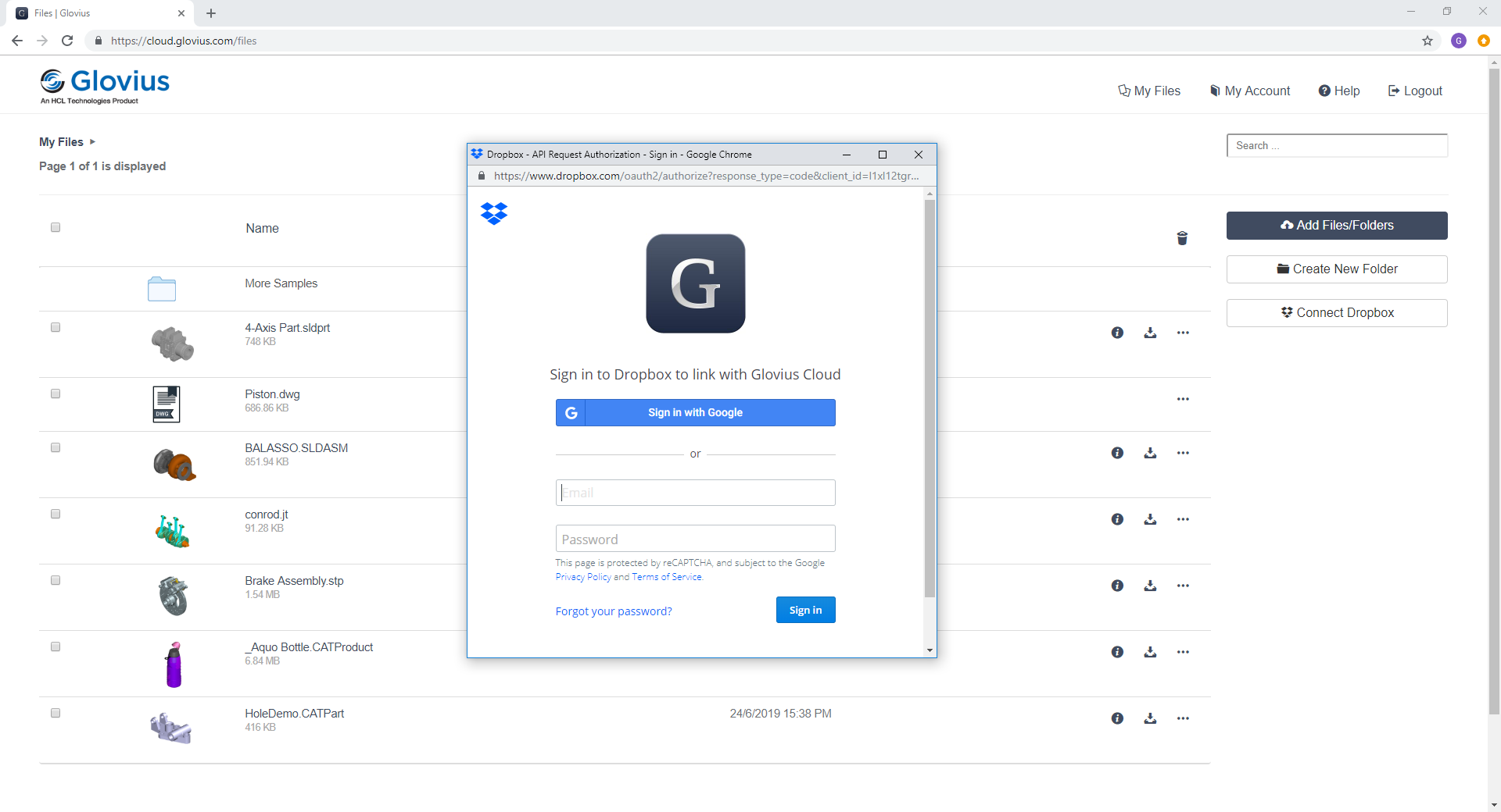 Link Dropbox with your Glovius cloud account for automatic sync