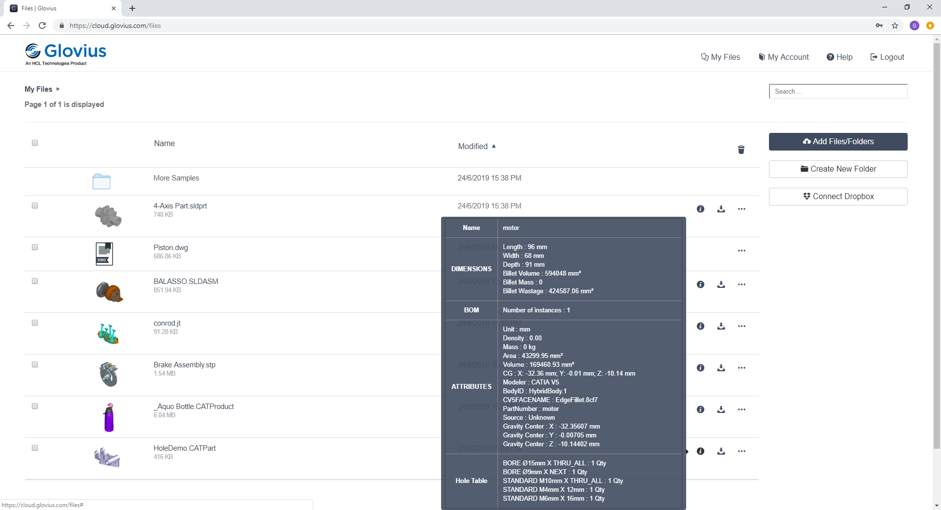 View essential model information on Glovius Cloud